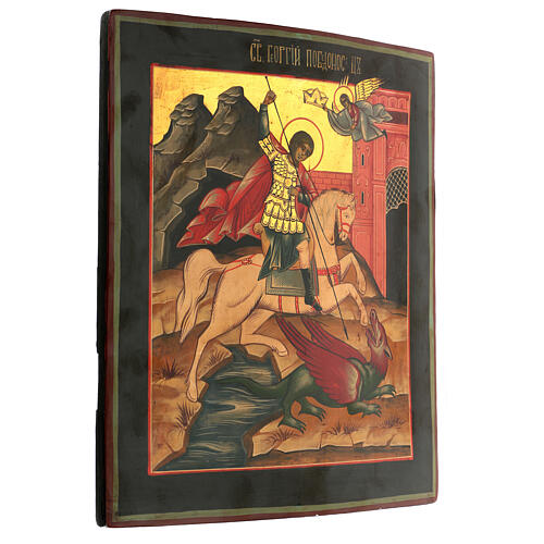 Icona San Giorgio dipinta su tavola antica russa 35x30 cm 3