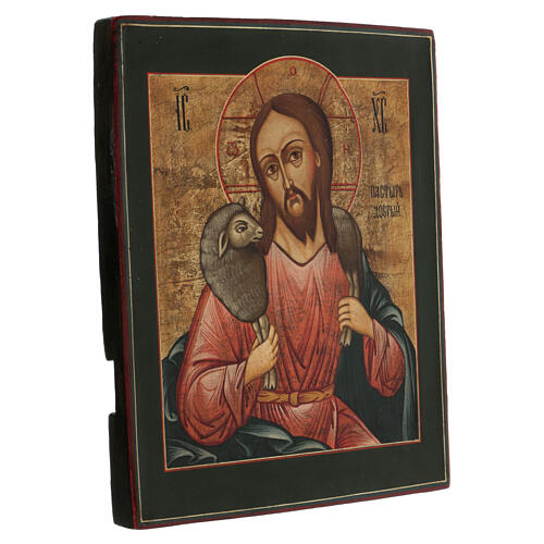 Dobry Pasterz XIX wiek, ikona rosyjska antyczna odrestaurowana, 30x25 cm 3