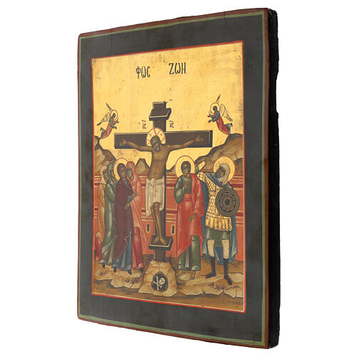 Icona russa Crocifissione dipinta su tavola antica 35x30 cm 3