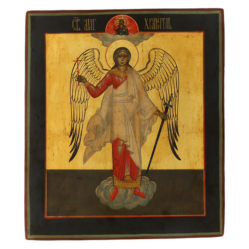 Ícone russo Anjo da guarda pintado na tábua de madeira antiga 35x30 cm 1