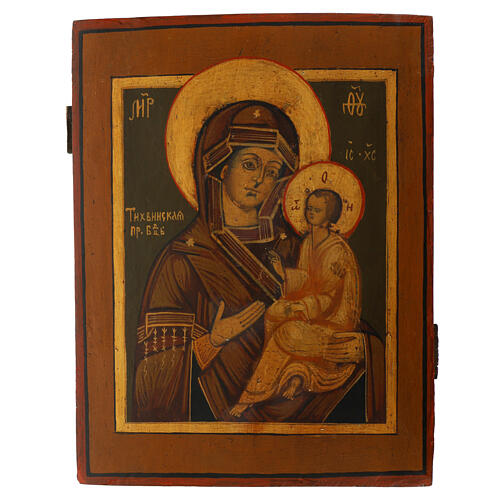 Icône Mère de Dieu de Tikhvine ancienne peinte XIXe s. restaurée XXIe s. Russie 34x27 cm 1