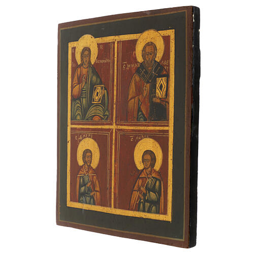 Icône ancienne quadripartite Christ Nicolas Flore et Laure XIXe s. restaurée Russie 33x27 cm 3