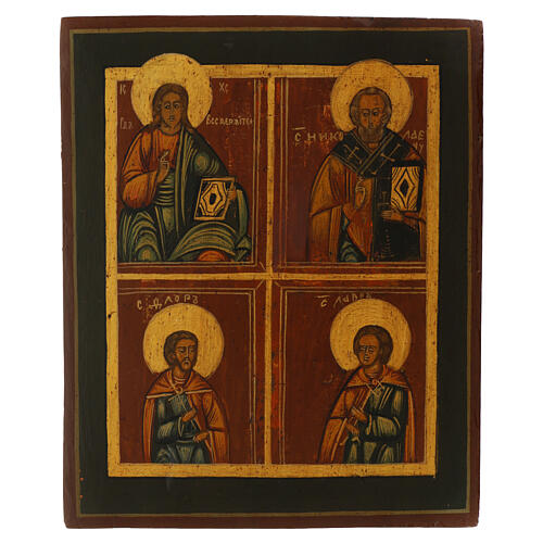 Ancient quadripartite icon Christ Nicholas Florus and Laurel 800 restored Russia 33x27 cm 1
