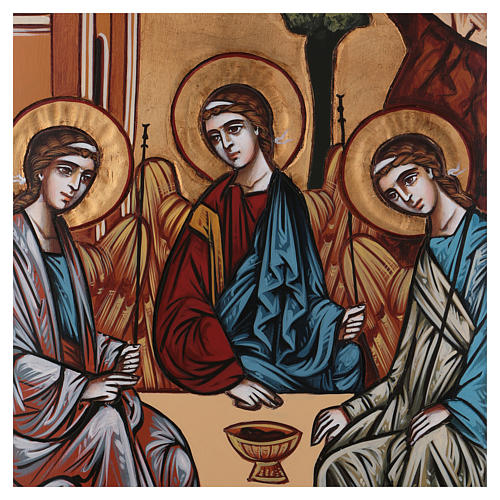 Holy Trinity icon on shaped wood panel with gold background 45x1 2