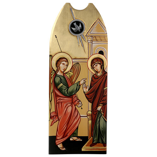 Annunciation icon on shaped wood panel with gold background 45x1 1