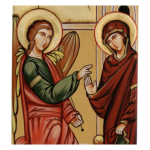 Annunciation icon on shaped wood panel with gold background 45x1 2