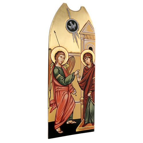 Annunciation icon on shaped wood panel with gold background 45x1 3