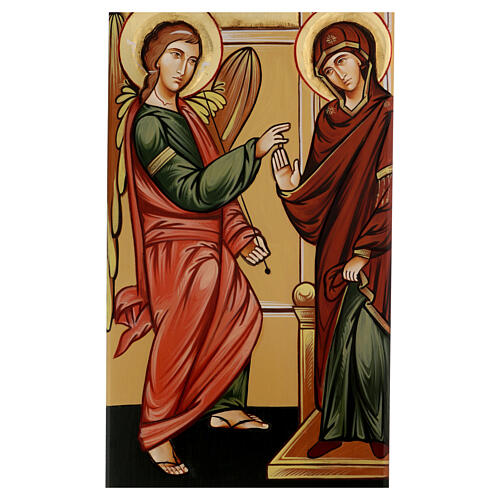Annunciation icon on shaped wood panel with gold background 45x1 4