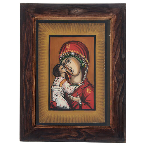 Hand-painted icon of the Virgin of Vladimir, oil on glass, Romania, 14x10 in 1