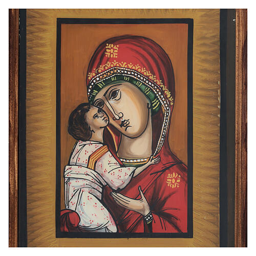 Icona Vladimirskaja dipinta a mano olio su vetro Romania 34x28 cm 2