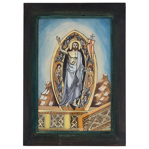 Rumänische Ikone, Auferstandener Christus, Öl auf Glas, kalte Farbgebung, 40x30 cm 1