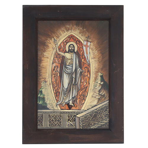Ícone Cristo Ressuscitado pintado à mão óleo sobre vidro Roménia laranja 40x29 cm 1