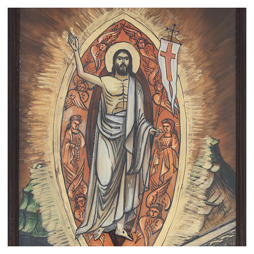 Ícone Cristo Ressuscitado pintado à mão óleo sobre vidro Roménia laranja 40x29 cm 2