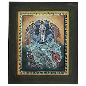 Hand-painted icon of the Transfiguration, oil on glass, Romania, blue, 16x12 in
