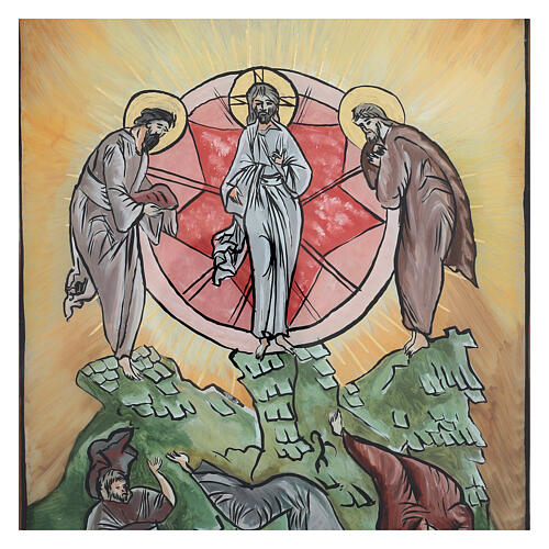 Hand-painted icon of the Transfiguration, oil on glass, Romania, red, 16x12 inches 2