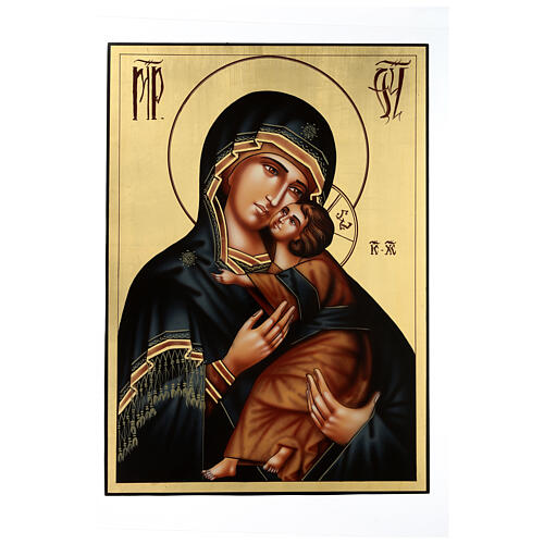 Icône Notre-Dame de Vladimir peinte à la main bois Roumanie 70x50 cm 1