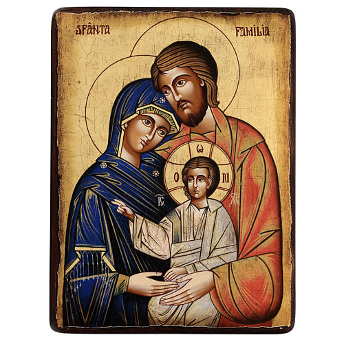 Icona Sacra Famiglia craquelé dipinta legno Romania 40x30 cm 1