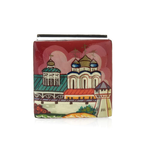 Russian lacquer box in papier-mâché Red  "Moscow Churches" 2