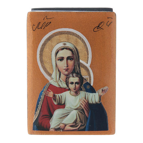 Russian papier-machè and lacquer box Our Lady "I'm with you and against no one" 7X5 cm 1