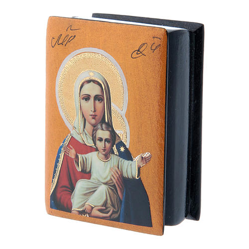 Russian papier-machè and lacquer box Our Lady "I'm with you and against no one" 7X5 cm 2