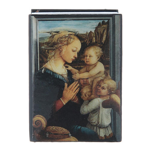 Russische Lackdose aus Papiermaché Madonna mit dem Kind und Engeln 7x5 cm 1