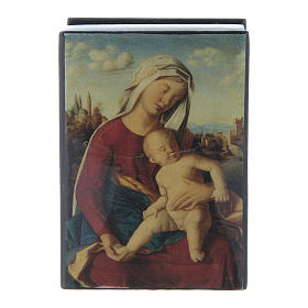 Russische Lackdose aus Papiermaché, Motiv: Madonna mit dem Kinde 7x5 cm