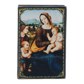 Boîte russe papier mâché La Vierge à l'Enfant, Jean-Baptiste et anges 9x6 cm