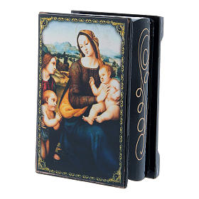 Russian papier-mâché and lacquer box Madonna and Child with Infant St. John and Angels 9x6 cm