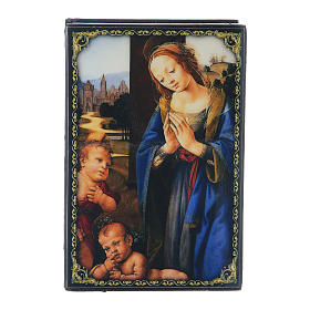 Russian papier-mâché and lacquer box Madonna adoring the Child 9x6 cm