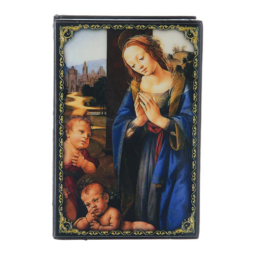 Russian papier-mâché and lacquer box Madonna adoring the Child 9x6 cm 1