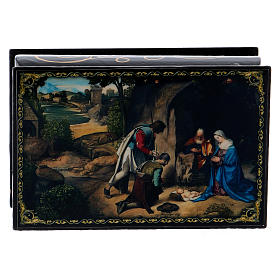 Russian papier-mâché and lacquer box The Adoration of the Shepherds 9x6 cm