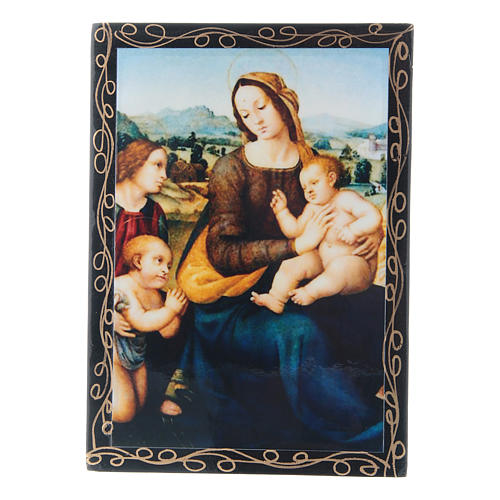 Lackdose aus Papiermaché Verzierung in Découpage-Technik Madonna mit Kind, dem Johannesknaben und Engeln 14x10 cm 1