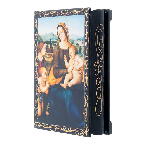 Lackdose aus Papiermaché Verzierung in Découpage-Technik Madonna mit Kind, dem Johannesknaben und Engeln 14x10 cm 2
