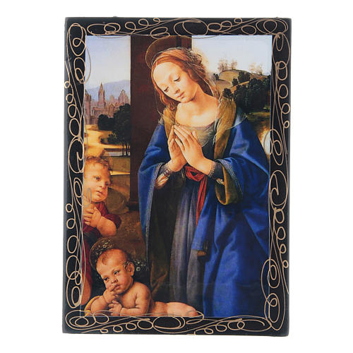 Lackdose aus Papiermaché Verzierung in Découpage-Technik Madonna mit dem Kinde und dem Johannesknaben 14x10 cm 1