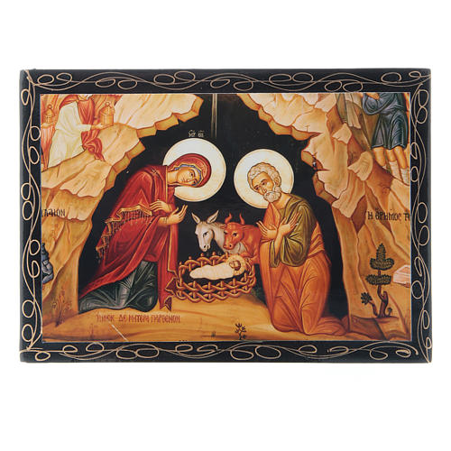 Boîte décorée russe La Naissance de Jésus Christ icône 14x10 cm 1