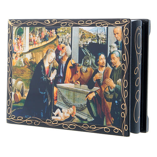 Russian lacquer box, Adoration of the Shepherds 14x10 cm 3