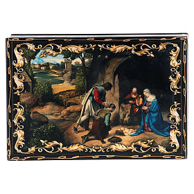 Russian papier-mâché and lacquer painted box The Adoration of the Shepherds 14x10 cm
