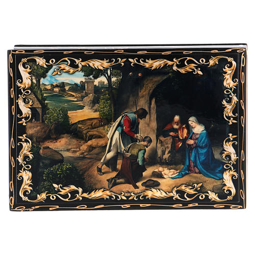 Russian papier-mâché and lacquer painted box The Adoration of the Shepherds 14x10 cm 1