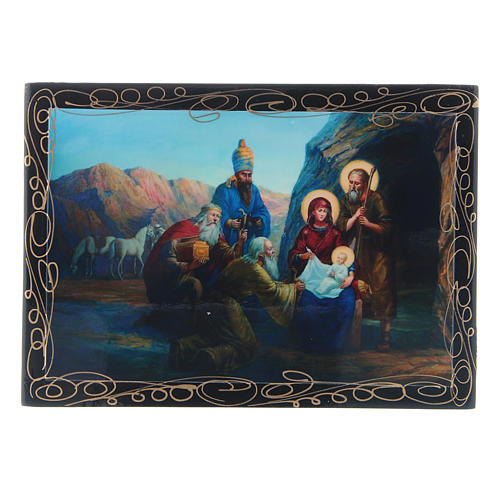 Boîte décorée russe Naissance de Jésus Christ, adoration des Mages 14x10 cm 1