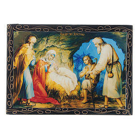 Russian papier-mâché and lacquer painted box The Birth of Jesus 14x10 cm