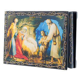 Russian papier-mâché and lacquer painted box The Birth of Jesus 14x10 cm