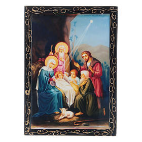 Russian papier-mâché and lacquer painted box The Birth of Jesus Christ 14x10 cm
