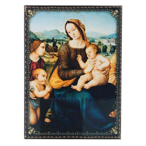 Lackdose aus Papiermaché Verzierung in Découpage-Technik Madonna mit Kind, Johannesknaben und Engeln 22x16 cm 1