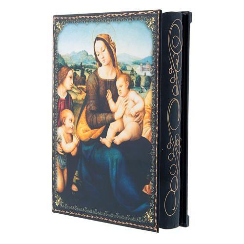 Caixa russa papel-machê decorada Virgem com o Menino São João Batista e Anjos 22x16 cm 2