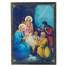 Laca decorada papel maché rusa El Nacimiento de Jesús Cristo 22x16 cm