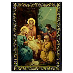 Laca decorada papel maché rusa El Nacimiento de Jesús Cristo 22x16 cm
