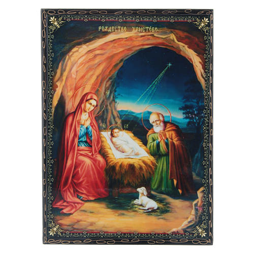 Papier-machè and lacquer box The Birth of Jesus Christ decoupage with decorations 22X16 cm 1