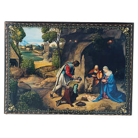 Laque papier mâché décorée découpage L'Adoration des Bergers Giorgione 22x16 cm