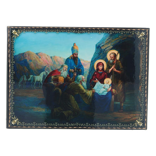 Caixa papel-machê russa découpage Nascimento de Jesus e Adoração dos Magos 22x16 cm 1