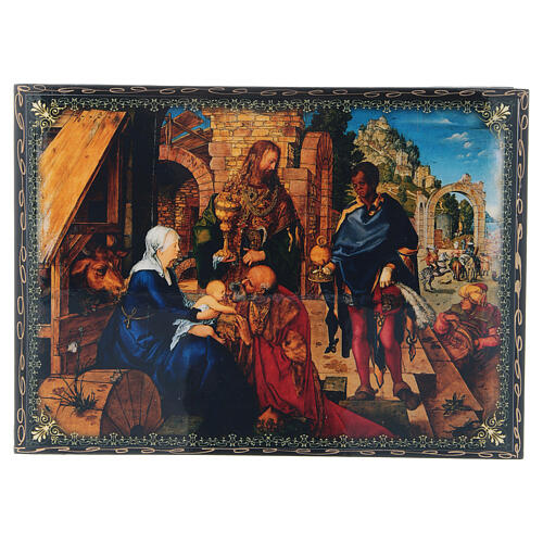 Lakierowana szkatułka rosyjska Narodzenie Jezusa i Adoracja Trzech Króli, 22x16cm 1